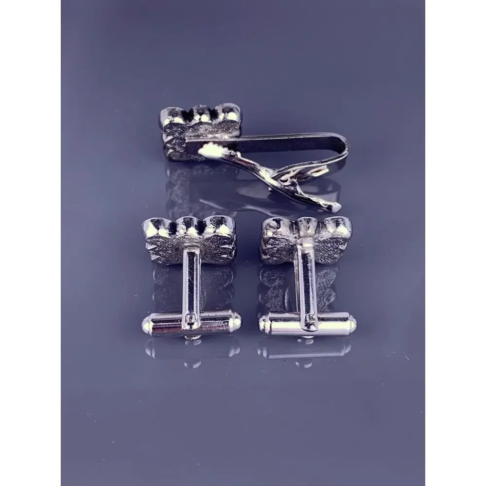 Swirl Spiral Silver Tone Cufflinks Tie Pin Square Scrolls Swoops Vintage